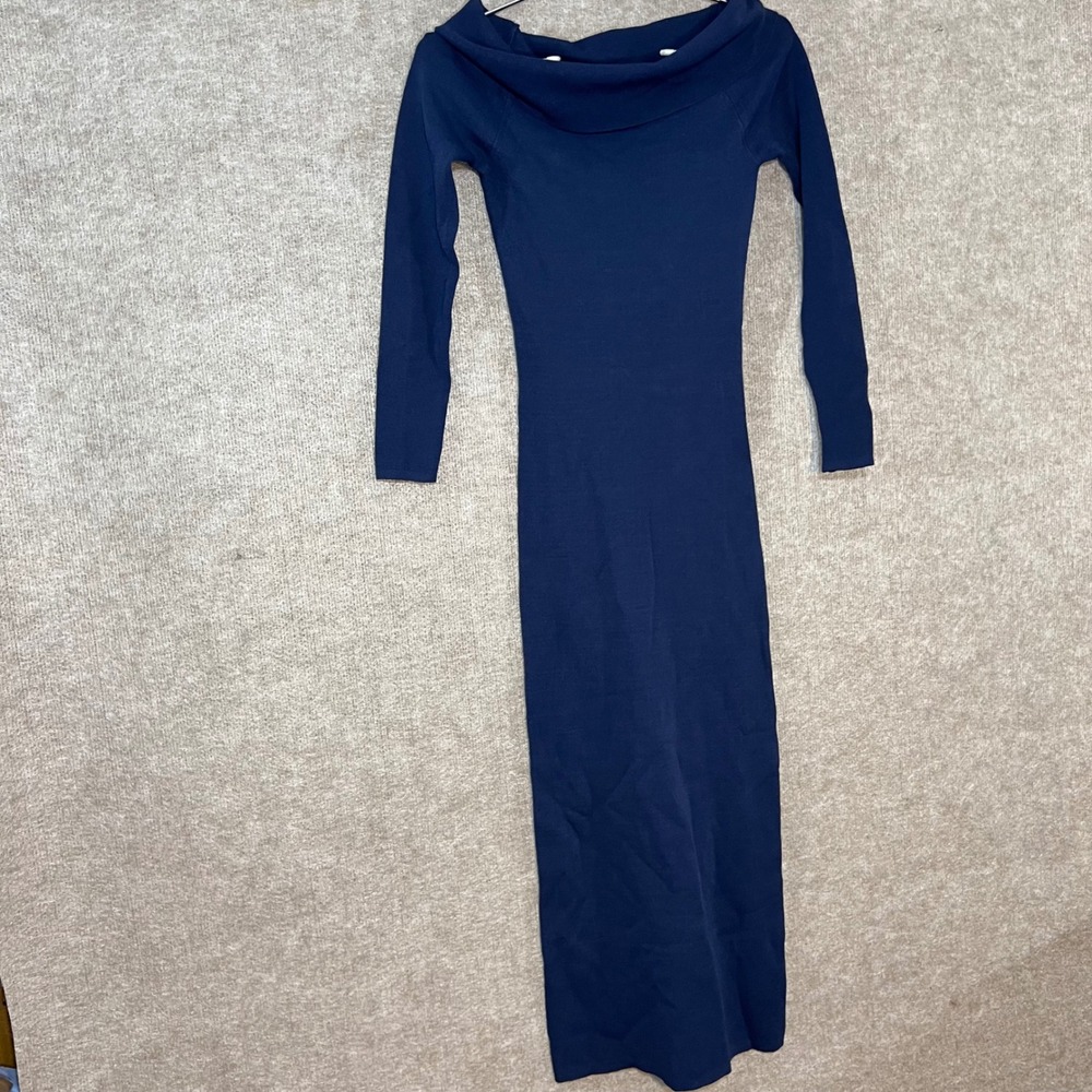 Bardot Midi Dress Women Size S Blue Ribbed Knit Off Shoulder Bodycon Chic